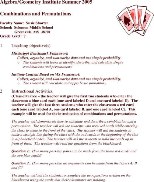 Combinations and Permutations Lesson Plan for 5th Grade Lesson