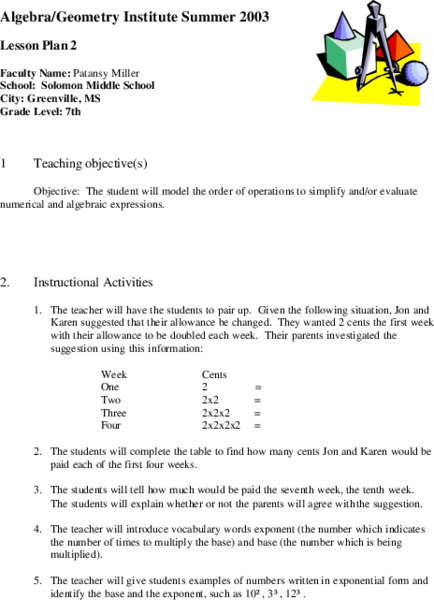 Order of Operations Lesson Plan for 7th Grade | Lesson Planet