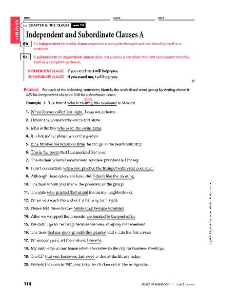 Independent and Subordinate Clauses Worksheet for 7th - 9th Grade