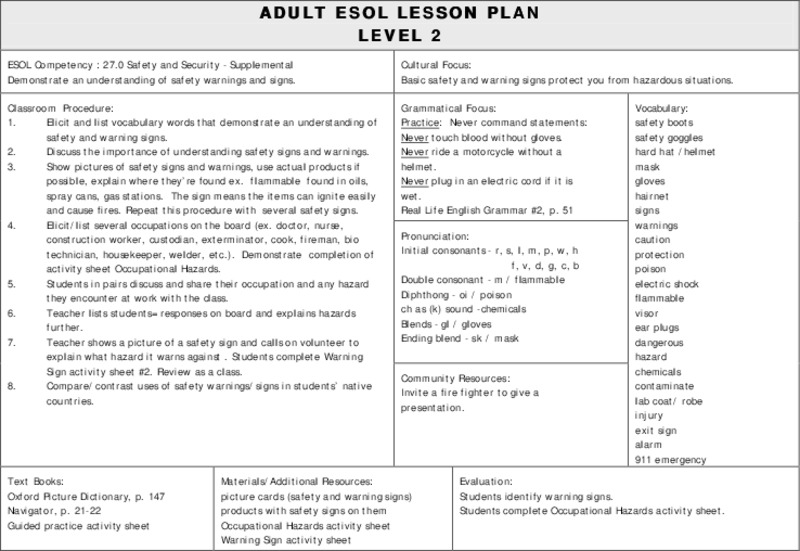 ESOL Safety and Security Lesson Plan for Higher Ed Lesson