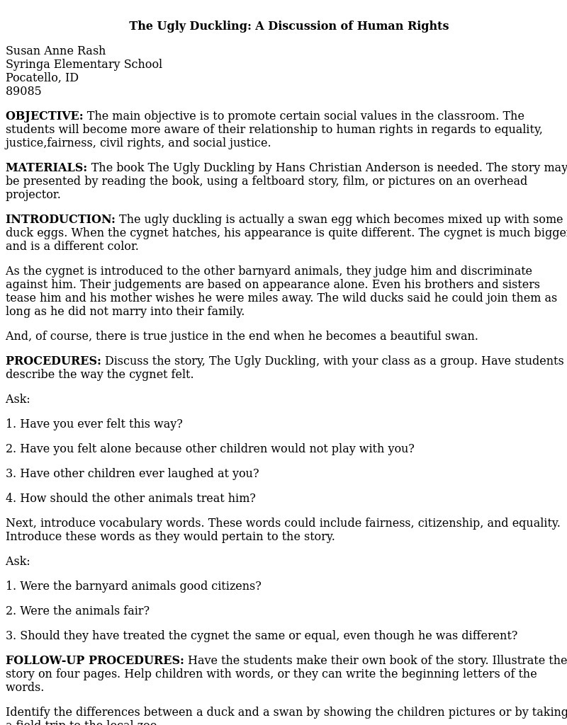 The Ugly Duckling A Discussion of Human Rights Lesson Plan for