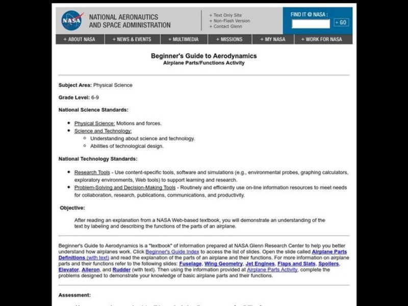 Airplane Parts/Functions Problem Sets Lesson Plan for 6th 9th Grade