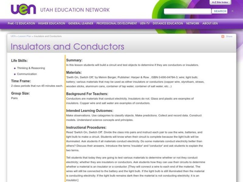 Insulators and Conductors Lesson Plan for 3rd 4th Grade Lesson