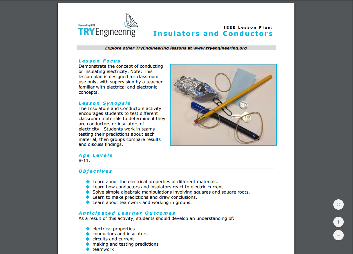 Insulators and Conductors Lesson Plan for 3rd 6th Grade Lesson