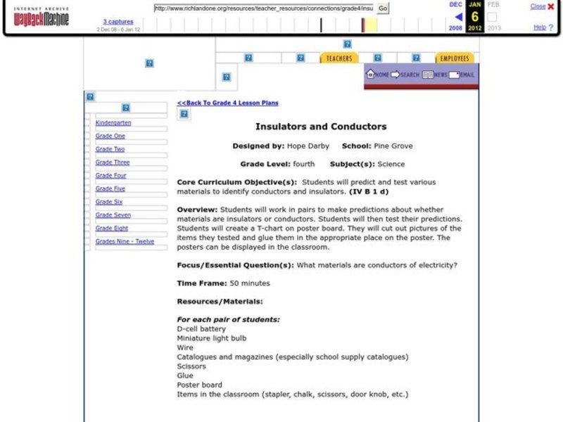 Insulators and Conductors Lesson Plan for 4th Grade Lesson