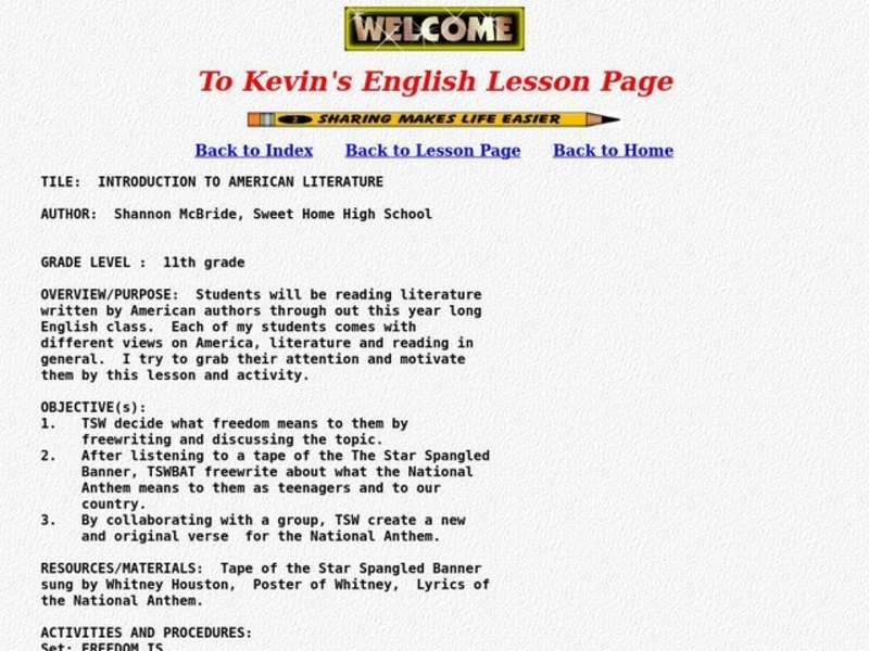 Introduction To American Literature Lesson Plan For 11th Grade