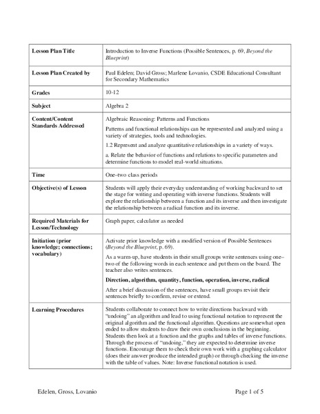 Introduction to Inverse Functions Lesson Plan for 10th - 12th Grade ...