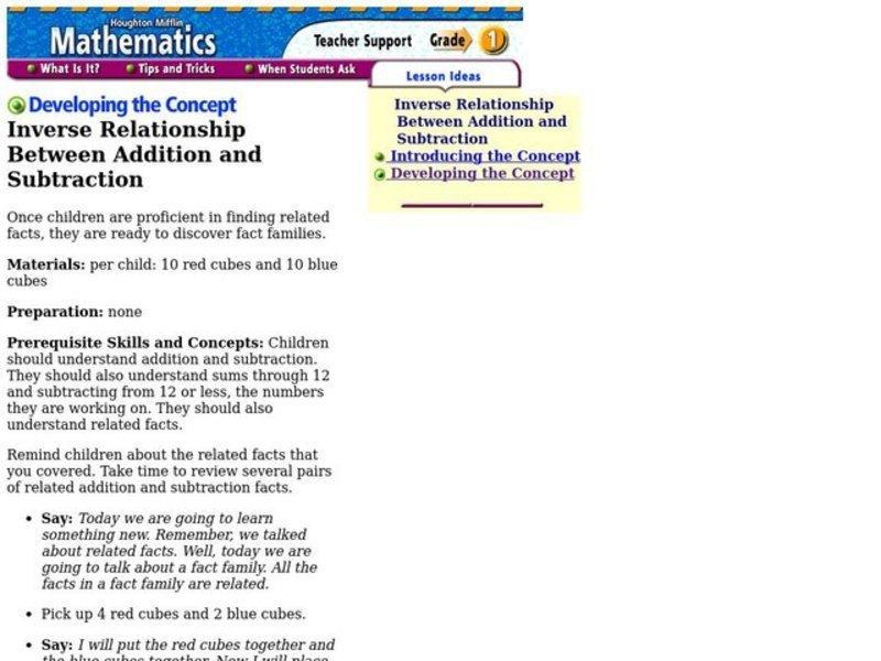 Inverse relationship between addition and subtraction lesson plan for