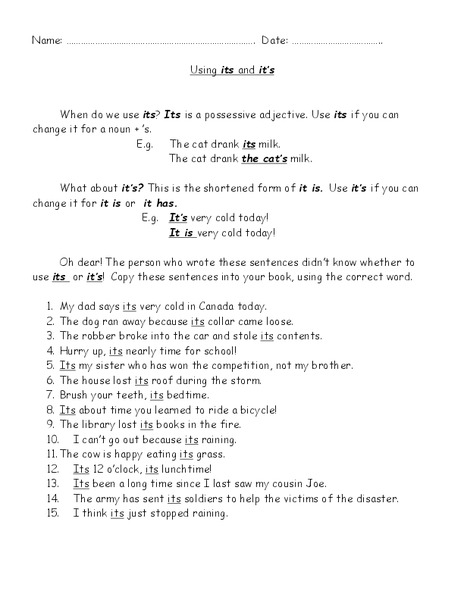 Its and It's Worksheet for 2nd - 3rd Grade | Lesson Planet