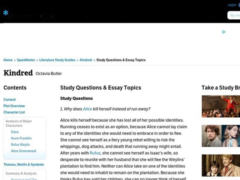 Kindred by Octavia Butler Study Guide Mini Essays Study Guide for