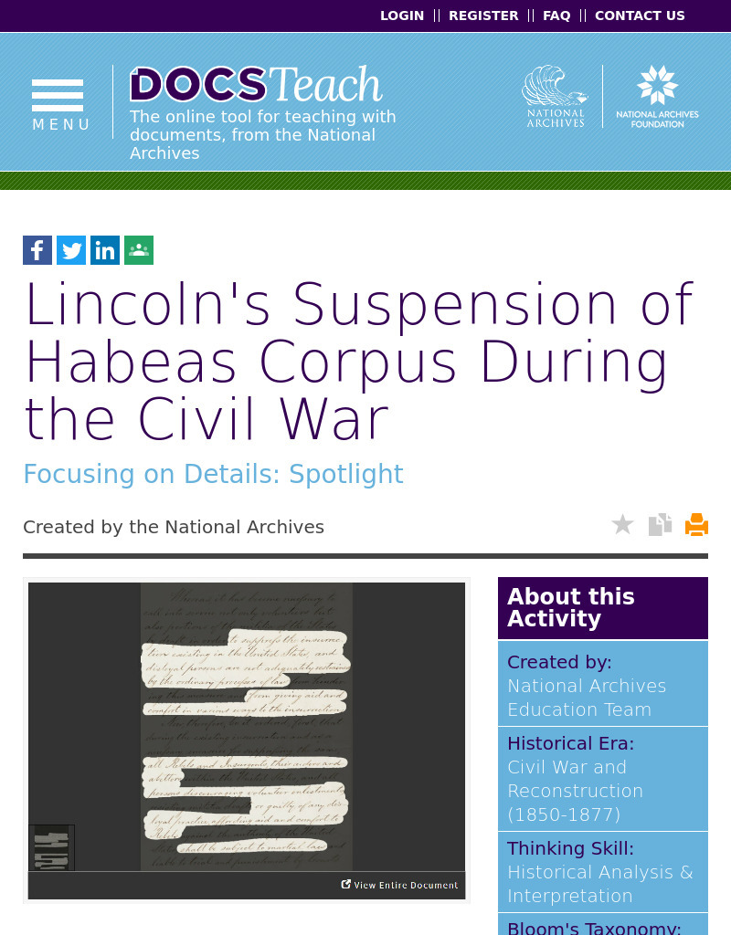 Lincoln's Suspension of Habeas Corpus During the Civil War Interactive