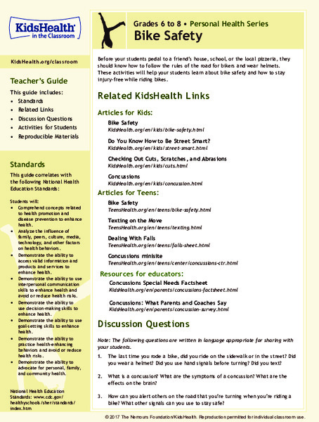 bike safety grades 6 8 lesson plan for 6th 8th grade lesson planet