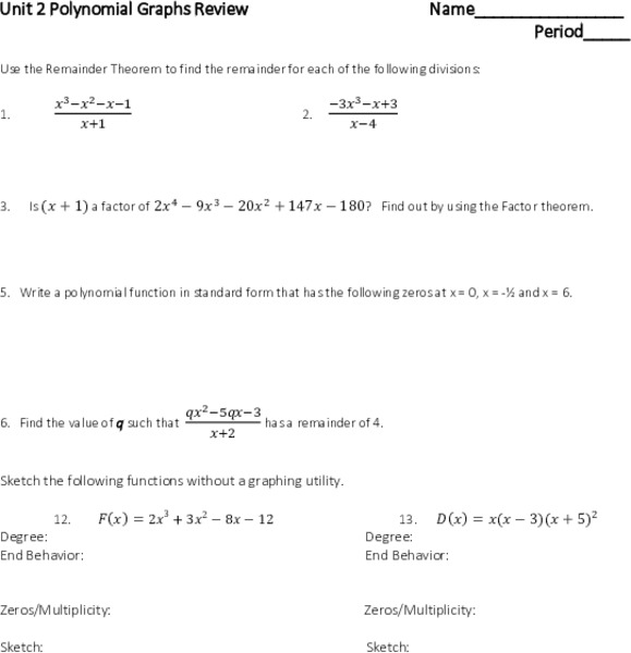 Unit 2 Review: Polynomial Functions Worksheet for 9th - 12th Grade ...