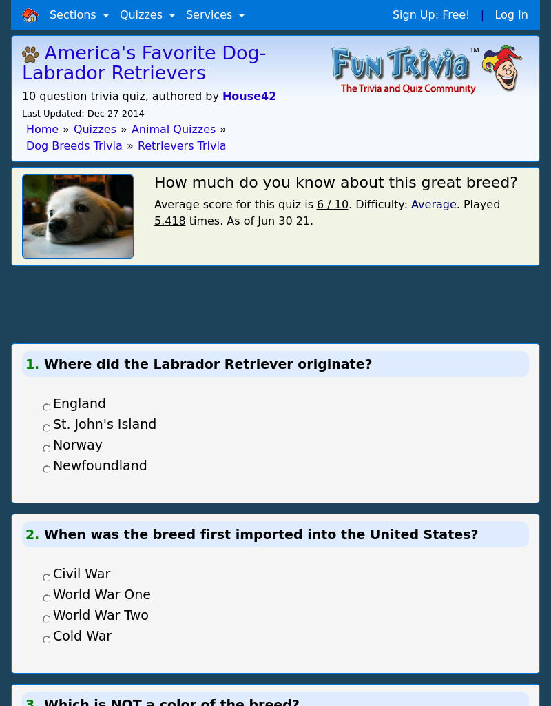 Labrador RetrieversTrivia Quiz Interactive for 5th 8th Grade