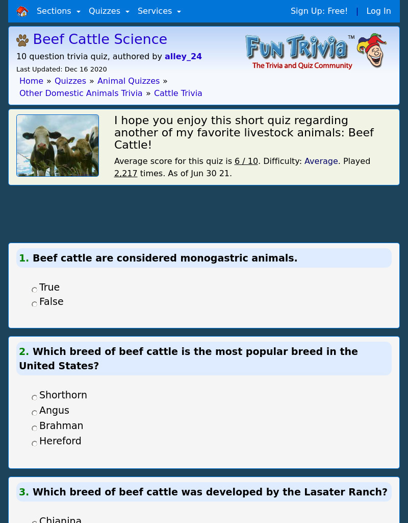 Beef Cattle ScienceTrivia Quiz Interactive for 5th 8th Grade