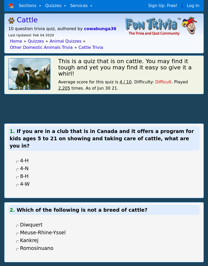 Cattle Trivia Quiz Interactive for 6th 9th Grade Lesson
