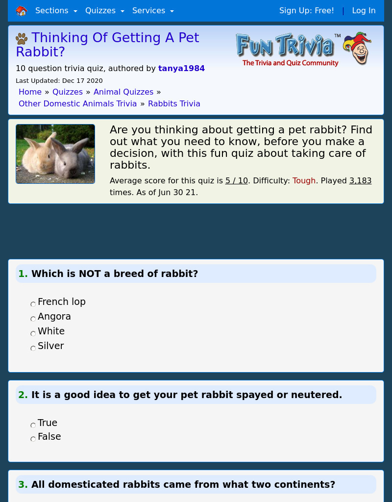 Pet RabbitTrivia Quiz Interactive for 6th 8th Grade Lesson