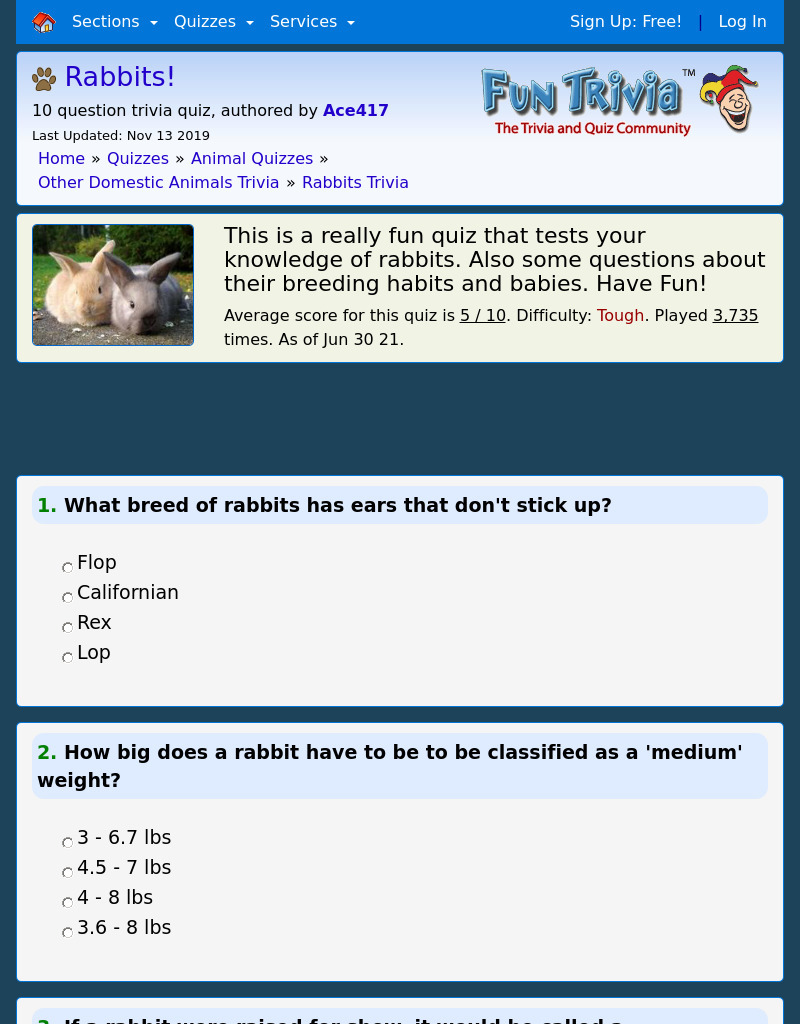 Rabbits! Trivia Quiz Interactive for 5th 8th Grade Lesson
