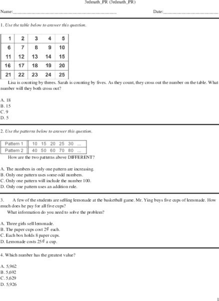 3rd grade math review Worksheet for 3rd Grade | Lesson Planet