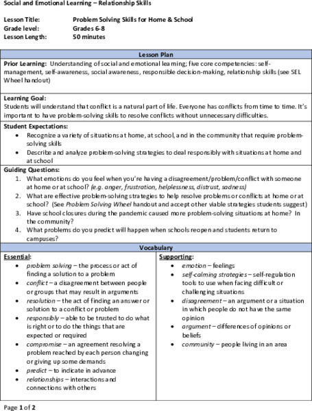 Problem Solving Skills for Home and School Lesson Plan for 6th - 12th ...