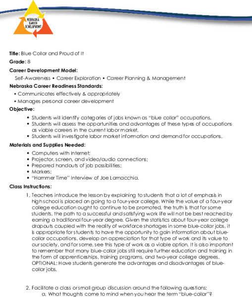 Blue Collar and Proud of It Lesson Plan for 8th Grade Lesson