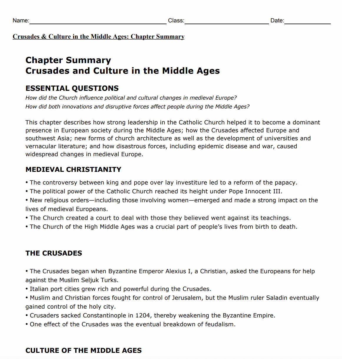 Crusades And Culture In The Middle Ages Study Guide For 9th 12th Crusades And Culture In The Middle Ages Study Guide For 9th 12th