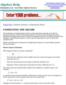 Help algebra.com: Completing the Square Activity