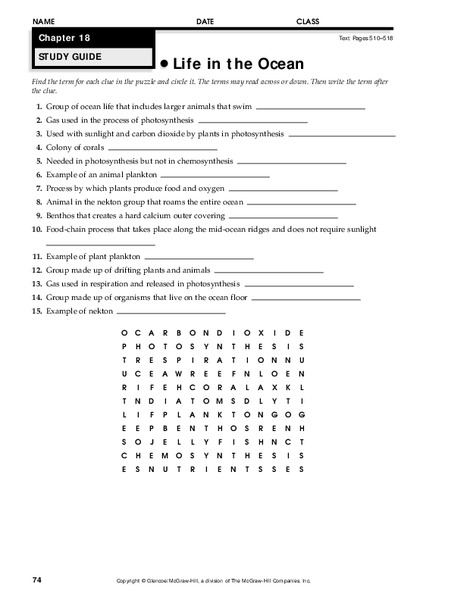 Life in the Ocean Worksheet for 9th - 12th Grade | Lesson Planet