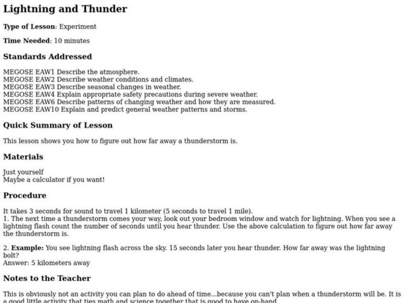 Lightning and Thunder Lesson Plan for 5th Grade Lesson