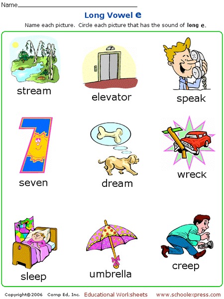 long vowel e worksheet for kindergarten 1st grade lesson planet