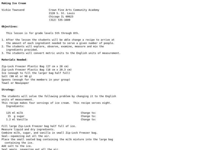 Making Ice Cream Lesson Plan for 5th 8th Grade Lesson