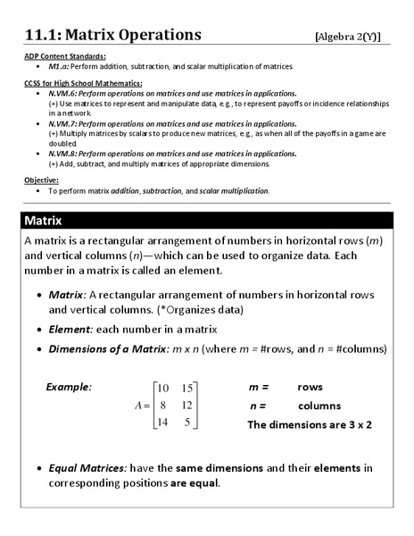 Matrix Operations Worksheet for 10th - 12th Grade | Lesson Planet