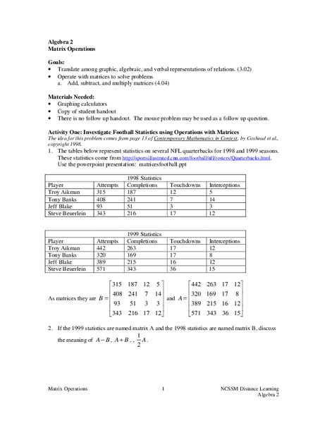 Matrix Operations Lesson Plan for 10th - 11th Grade | Lesson Planet