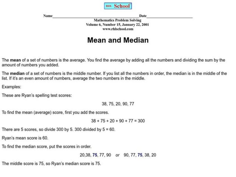 Mean and Median Worksheet for 5th - 6th Grade | Lesson Planet