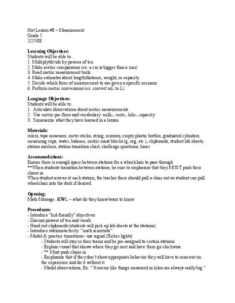 Measurement Lesson Plan for 5th Grade | Lesson Planet