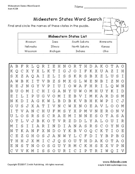 midwestern states word search worksheet for 4th 8th grade lesson planet