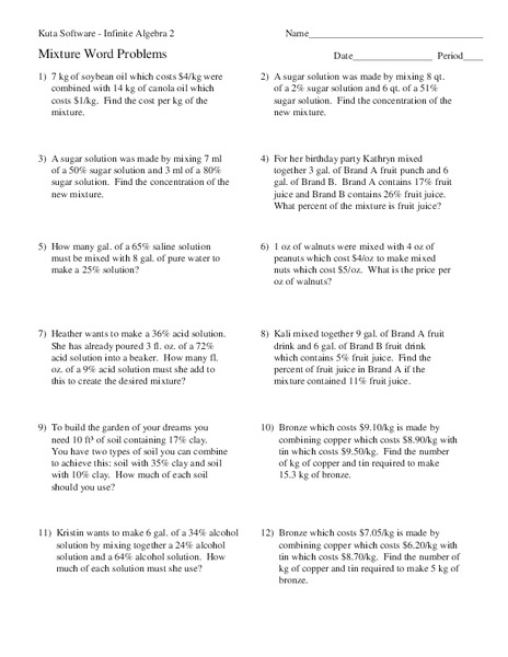 Mixture Word Problems Worksheet for 9th - 10th Grade | Lesson Planet