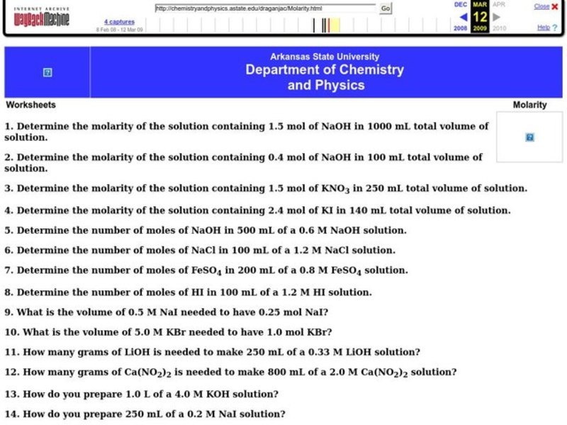 Molarity Worksheet for 10th - Higher Ed | Lesson Planet