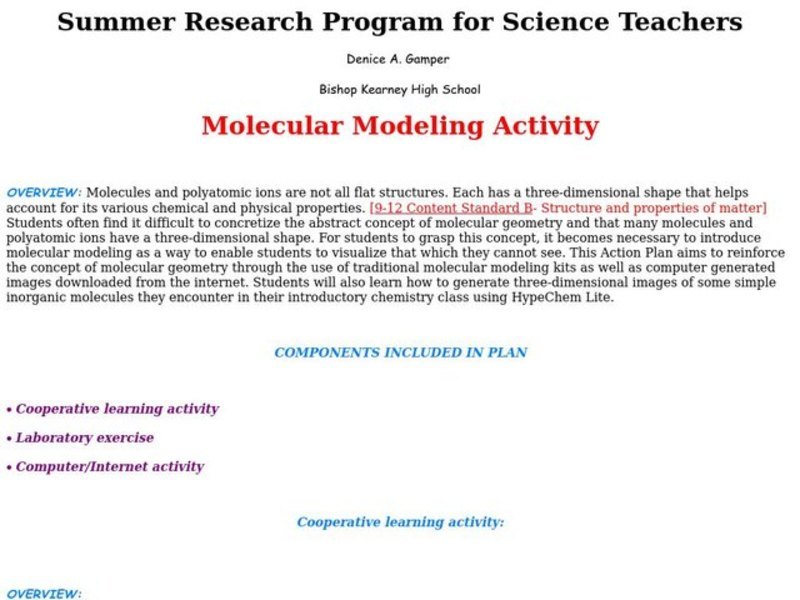 Molecular Modeling Activity Lesson Plan for 9th 12th Grade Lesson