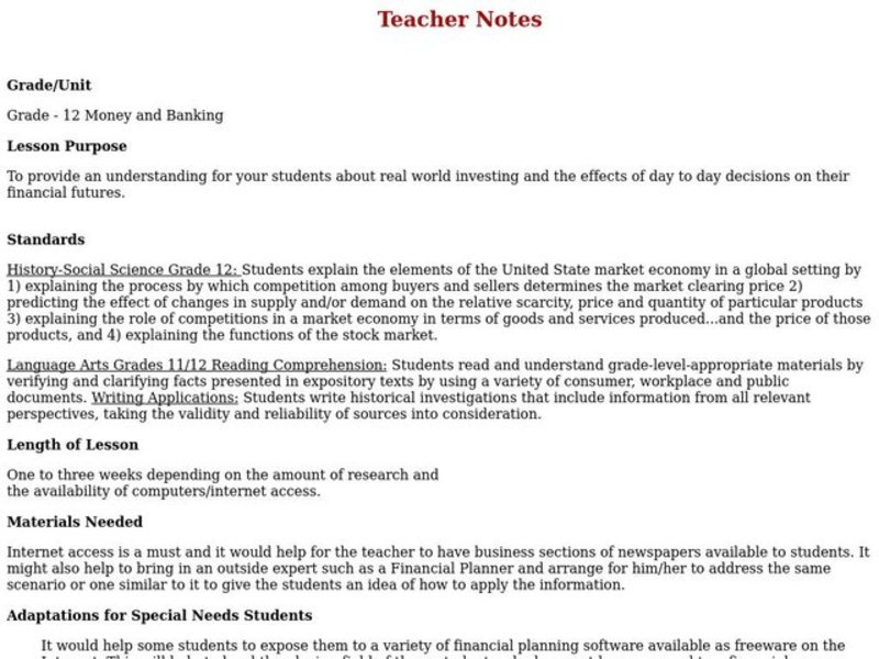 Money and Banking Lesson Plan for 12th Grade Lesson