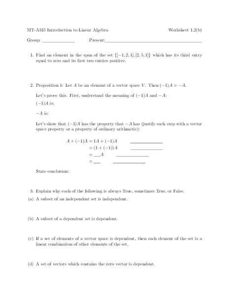 MT-A315 Introduction to Linear Algebra Worksheet for 11th - 12th Grade ...