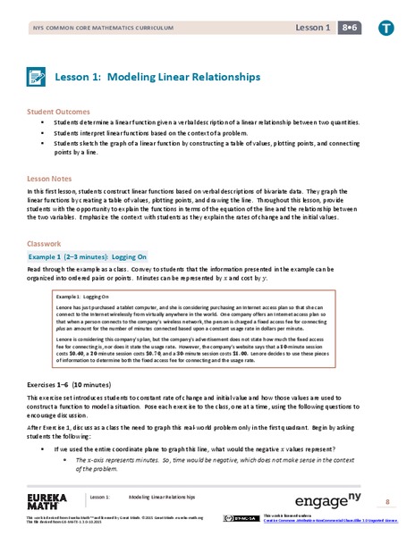 Modeling Linear Relationships Lesson Plan for 8th Grade | Lesson Planet