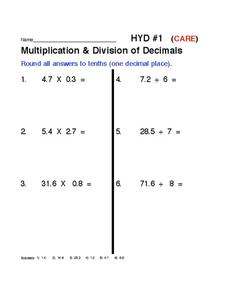 multiplication and division of decimals worksheet for 5th 7th grade