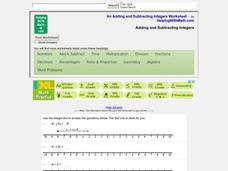 Adding and Subtracting Integers Worksheet