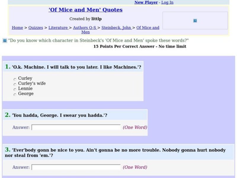 Of Mice And Men Fun Trivia Quiz Worksheet For 8th 11th