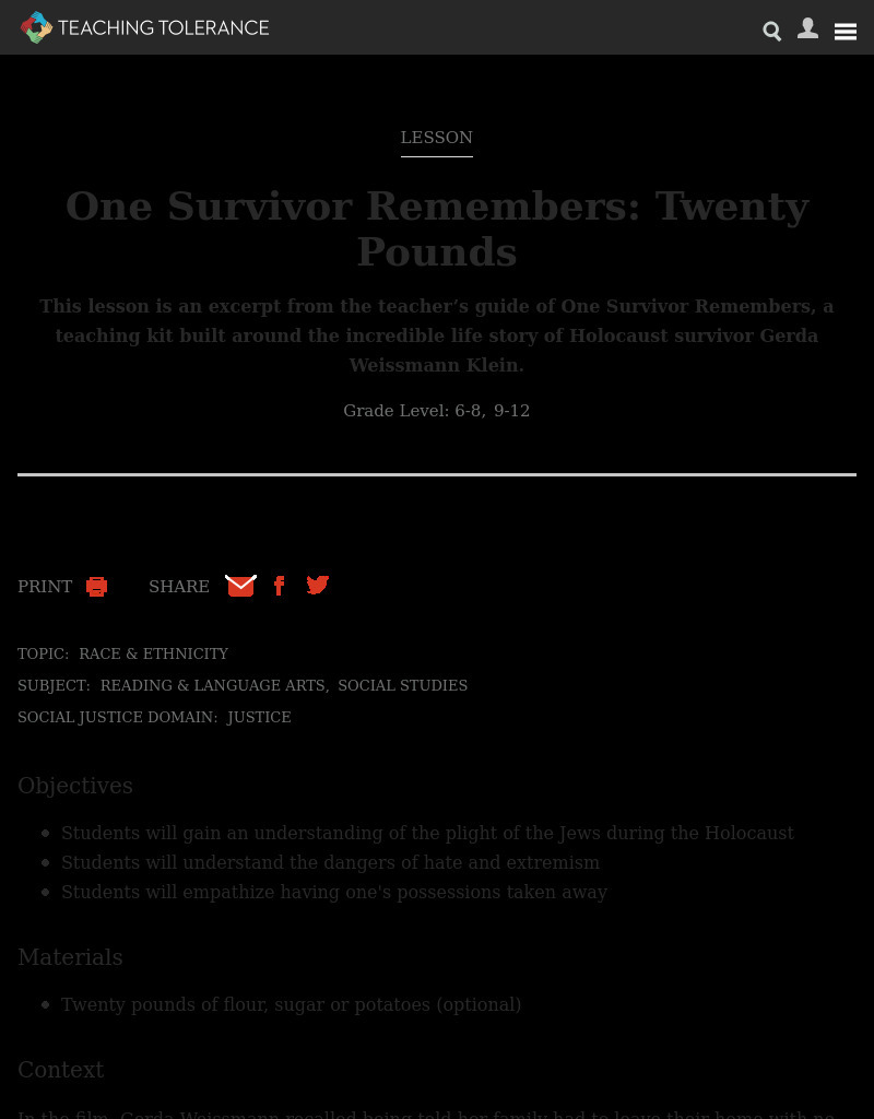 One Survivor Remembers Twenty Pounds Lesson Plan for 8th 12th Grade Lesson