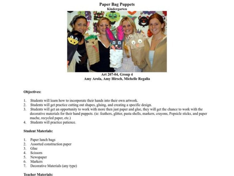 Paper Bag Puppets Lesson Plan for Kindergarten Lesson