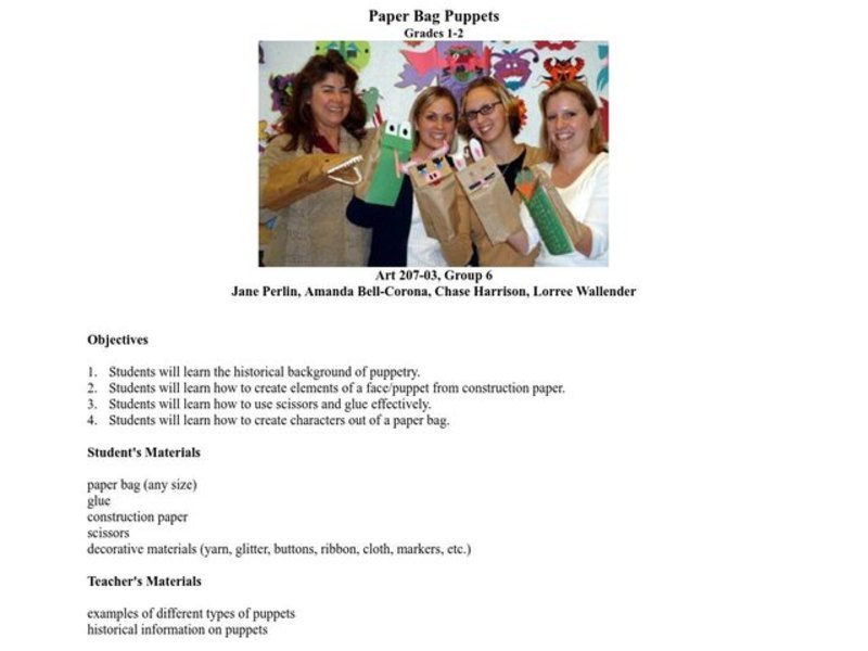 Paper Bag Puppets Lesson Plan for 1st 2nd Grade Lesson