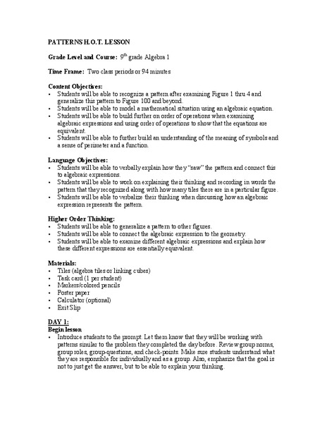 Patterns Lesson Plan for 8th - 10th Grade | Lesson Planet