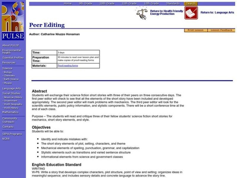 Peer Editing Lesson Plan for 9th 12th Grade Lesson
